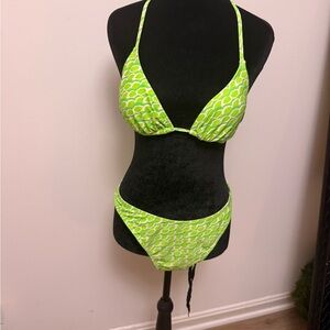 Kendall & Kylie Neon Green Geometric Triangle Bikini with coverup shorts